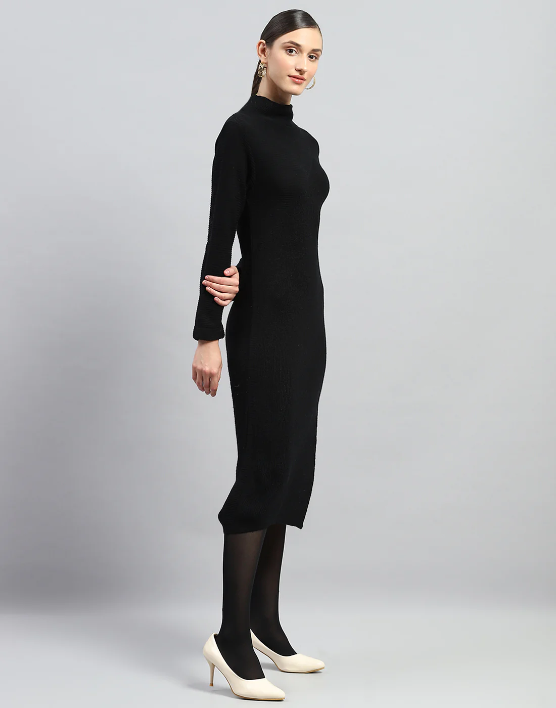 Women Black Self Design Turtle Neck Full Sleeve Dress - Image 5
