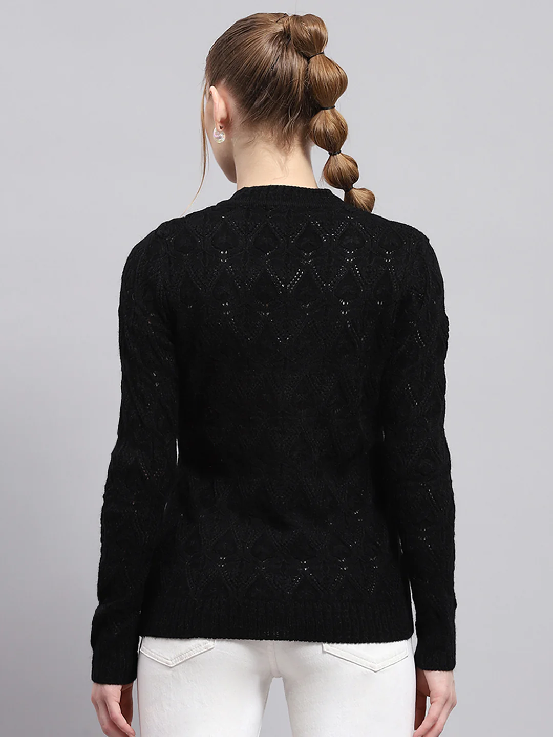 Women Black Self Design V Neck Full Sleeve Cardigan - Image 5