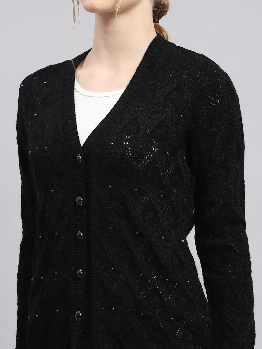Women Black Self Design V Neck Full Sleeve Cardigan - Image 6