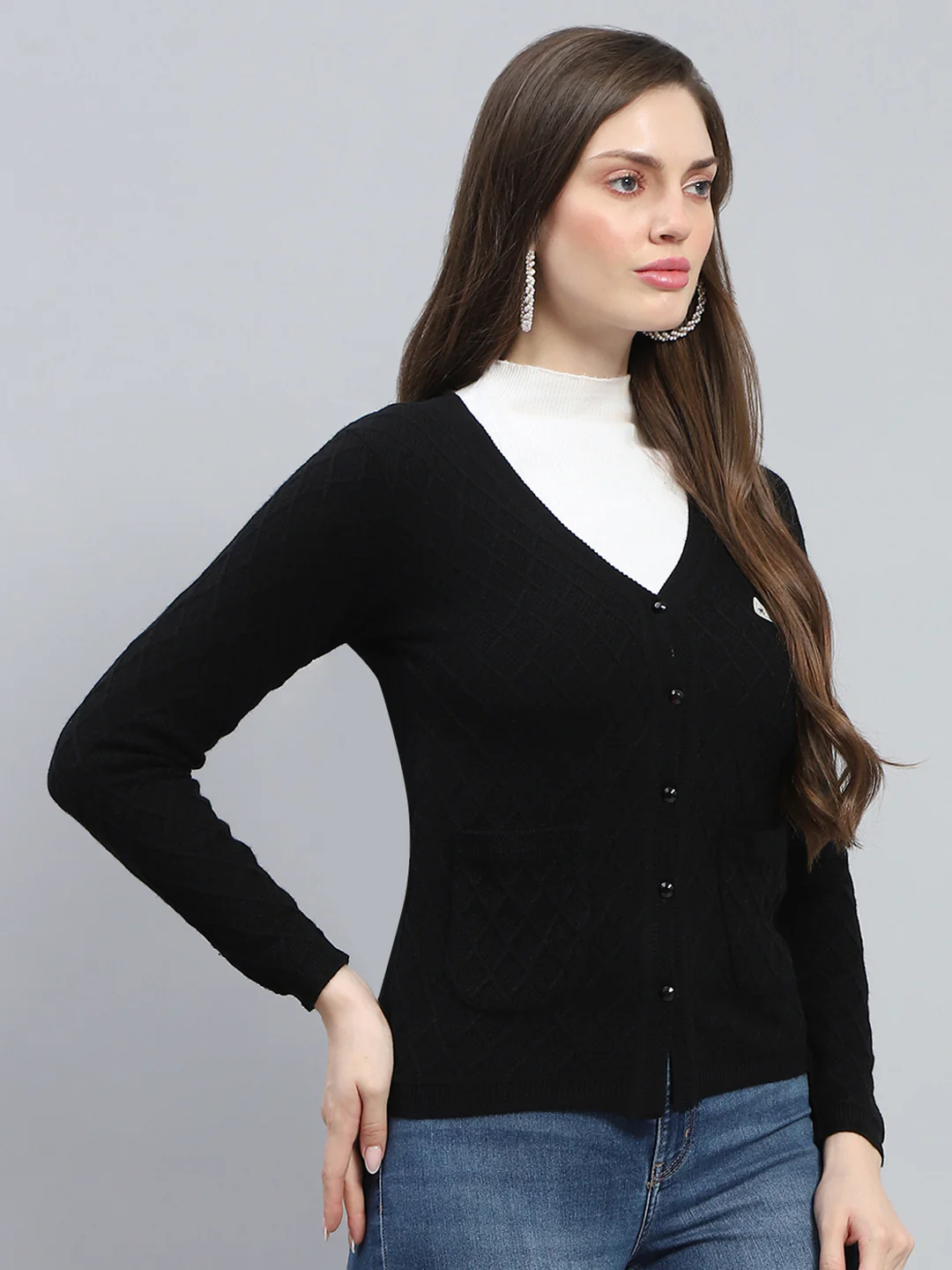 Women Black Self Design V Neck Full Sleeve Cardigan - Image 4
