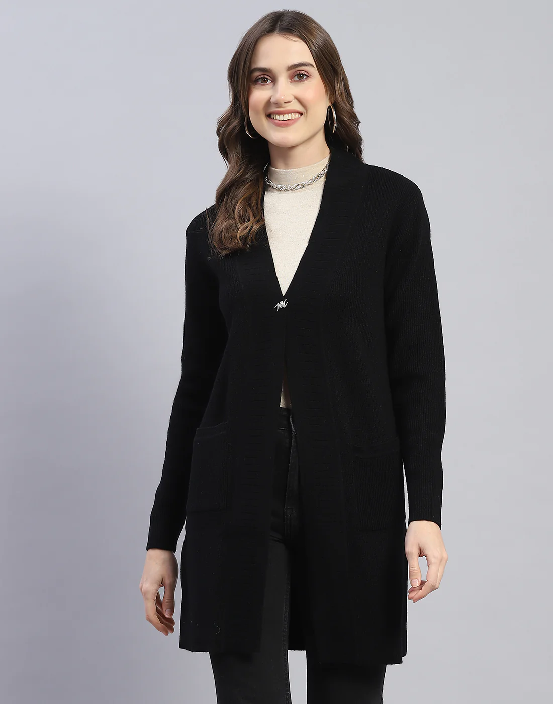 Women Black Self Design V Neck Full Sleeve Cardigan - Image 2