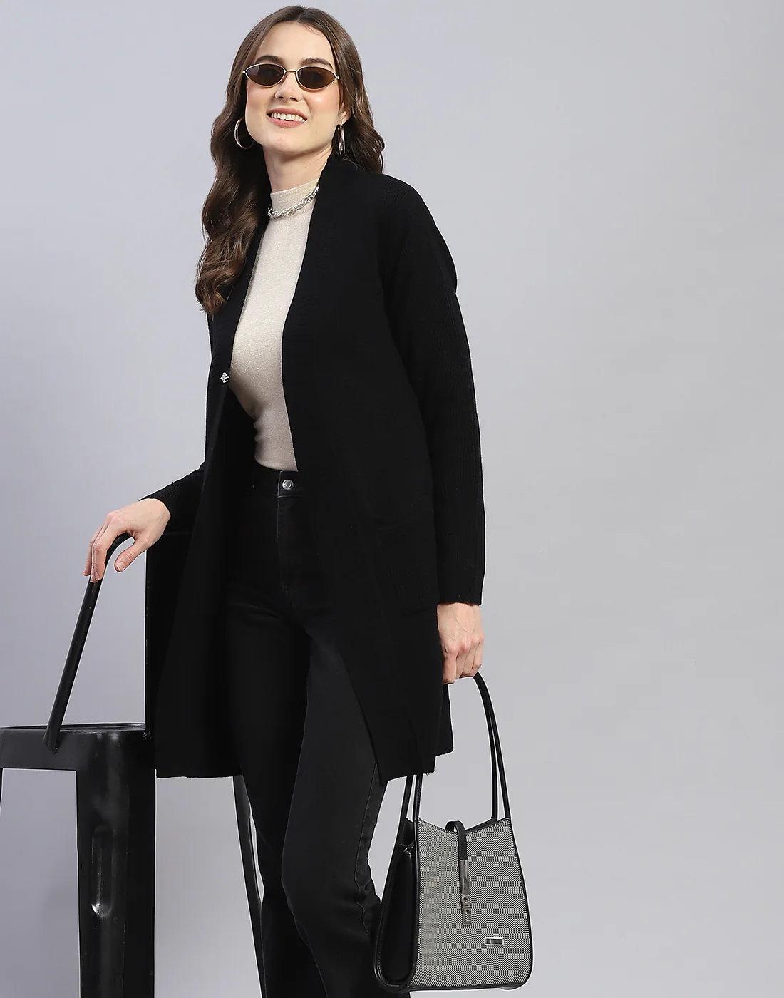 Women Black Self Design V Neck Full Sleeve Cardigan - Image 6