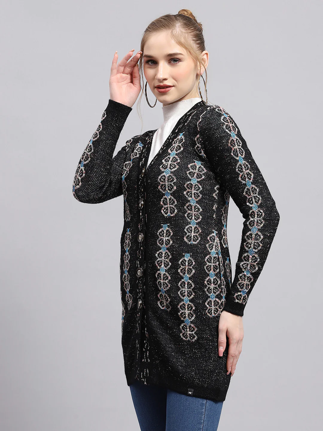 Women Black Self Design V Neck Full Sleeve Cardigan - Image 3