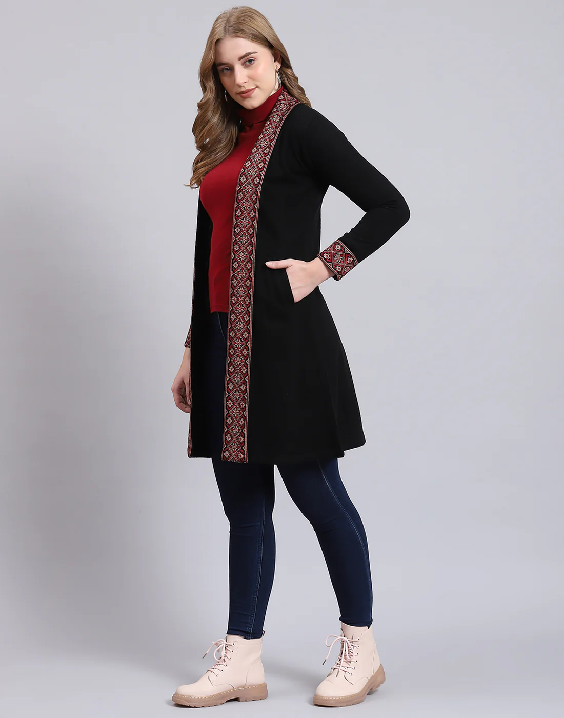 Women Black Self Design V Neck Full Sleeve Cardigan - Image 3