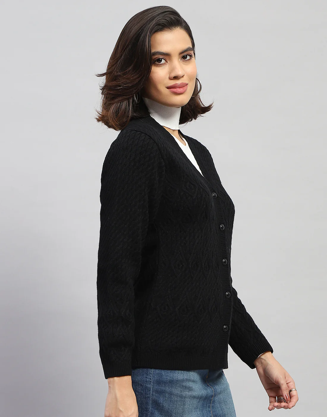 Women Black Self Design V Neck Full Sleeve Cardigan - Image 4