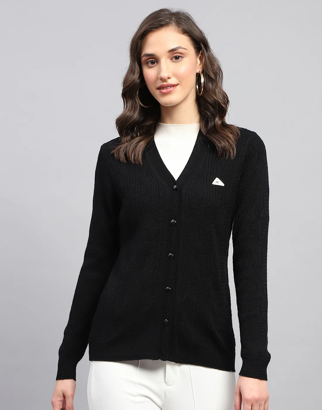 Women Black Self Design V Neck Full Sleeve Cardigan - Image 3