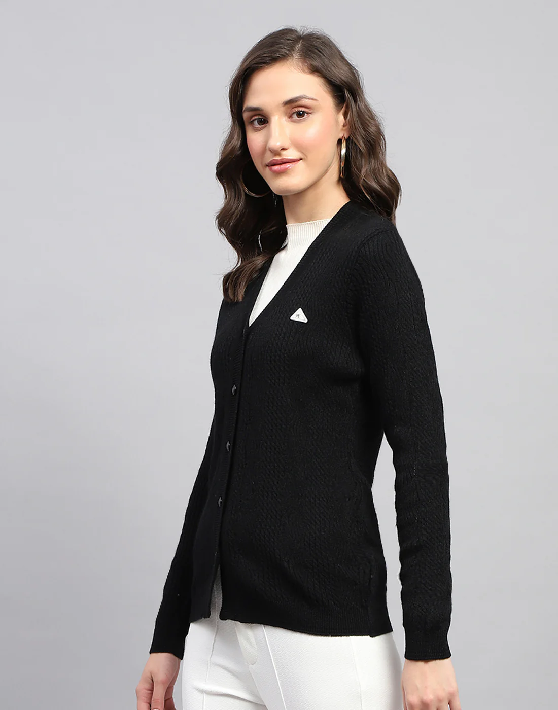 Women Black Self Design V Neck Full Sleeve Cardigan - Image 4
