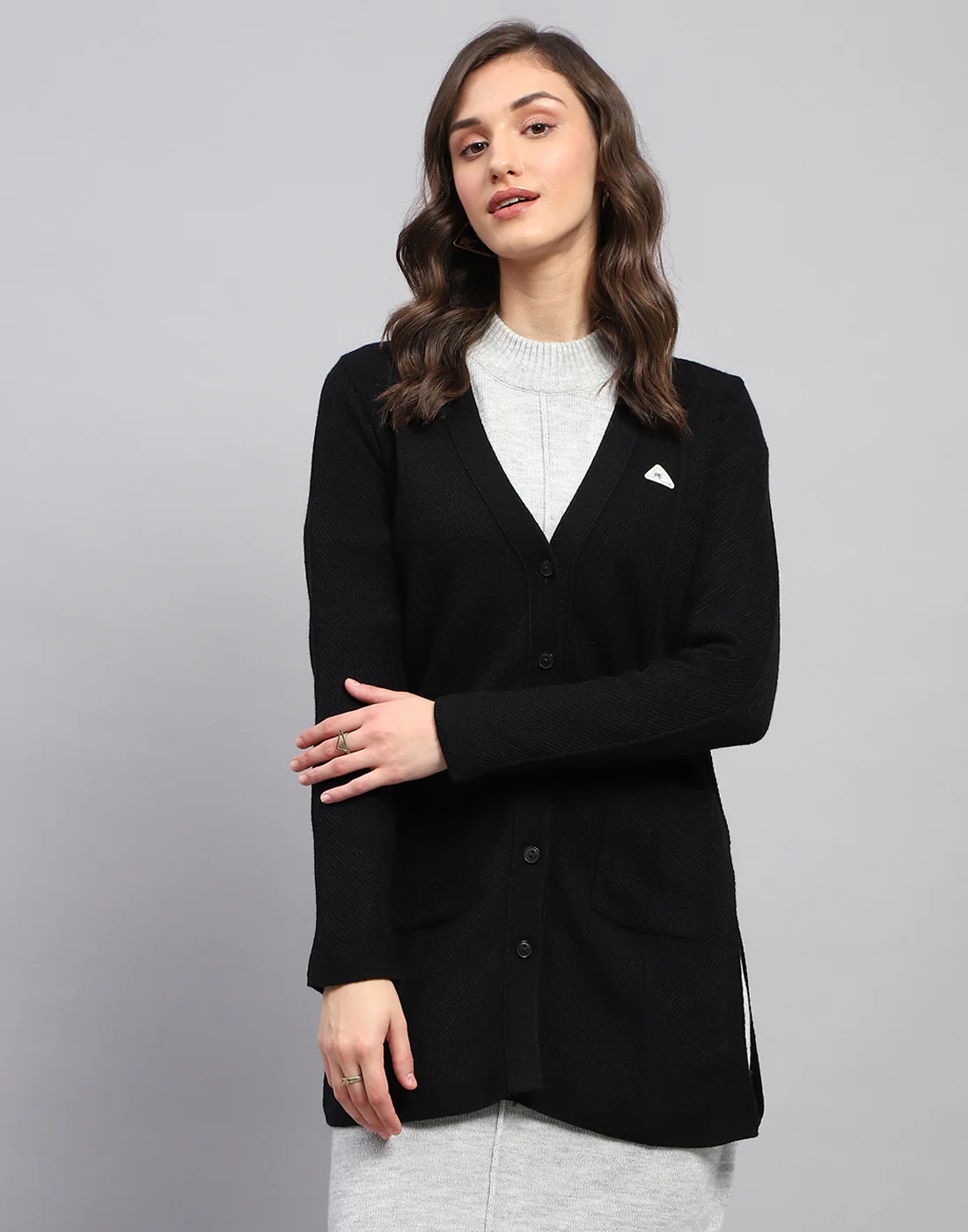 Women Black Self Design V Neck Full Sleeve Cardigan - Image 3