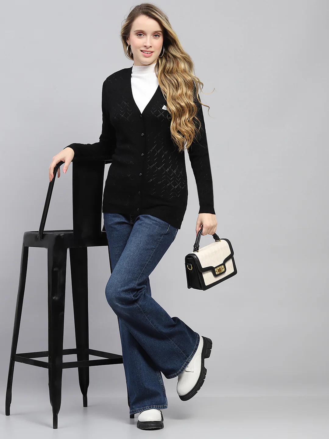 Women Black Self Design V Neck Full Sleeve Cardigan - Image 2