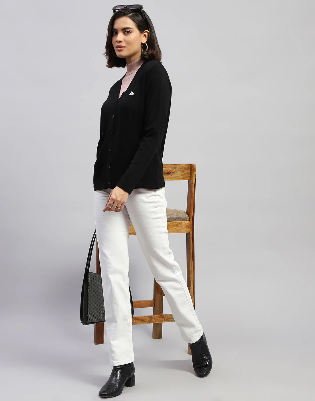 Women Black Self Design V Neck Full Sleeve Cardigan - Image 2
