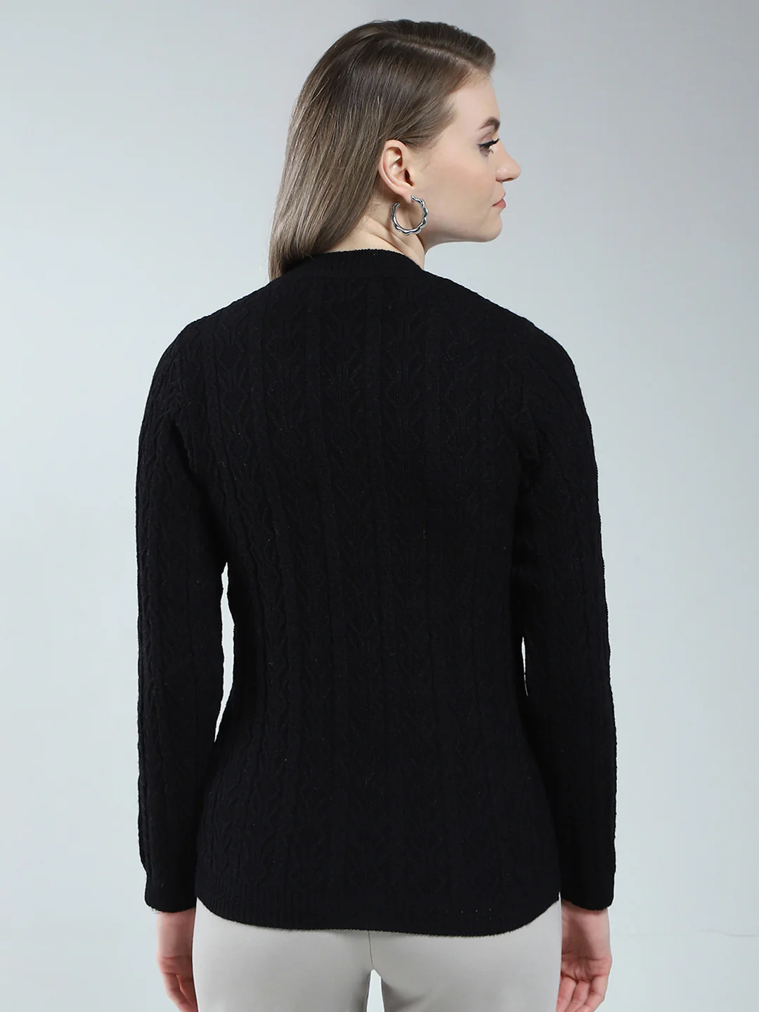 Women Black Self Design V Neck Full Sleeve Cardigan - Image 5