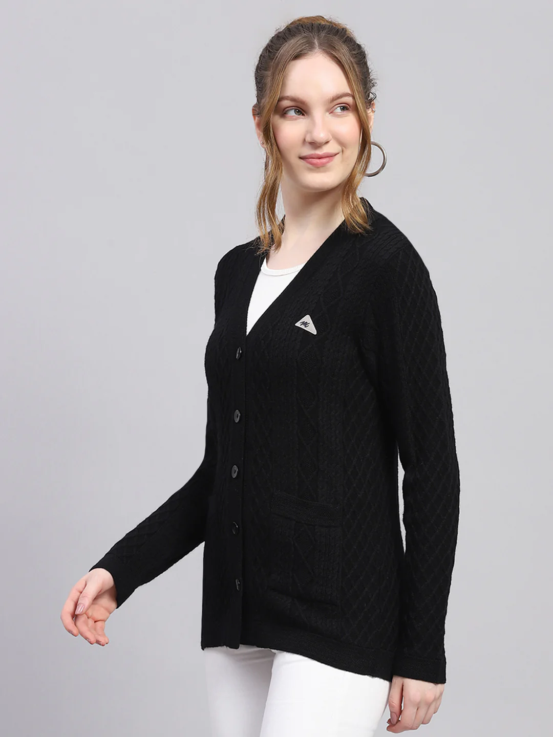 Women Black Self Design V Neck Full Sleeve Cardigan - Image 3