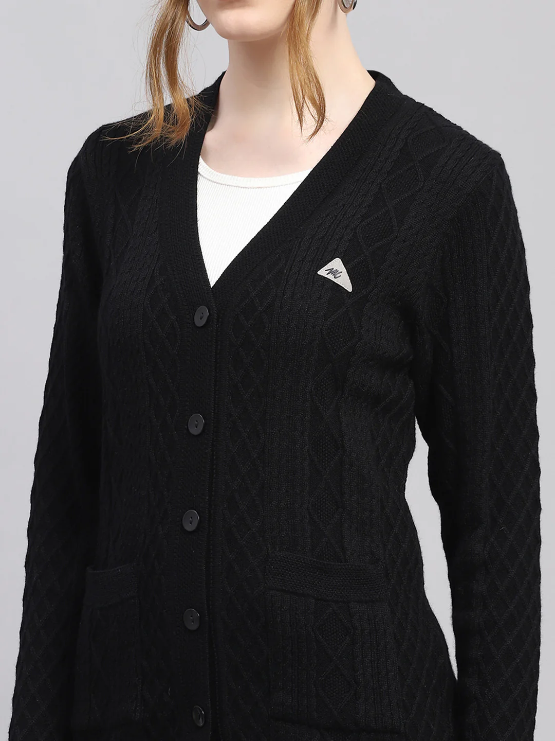 Women Black Self Design V Neck Full Sleeve Cardigan - Image 6