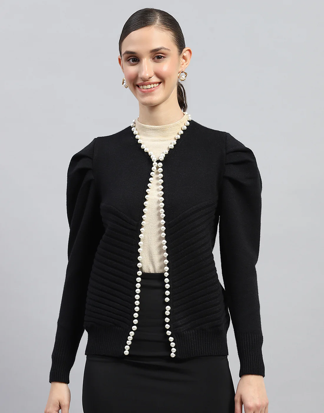 Women Black Self Design V Neck Full Sleeve Cardigan - Image 2