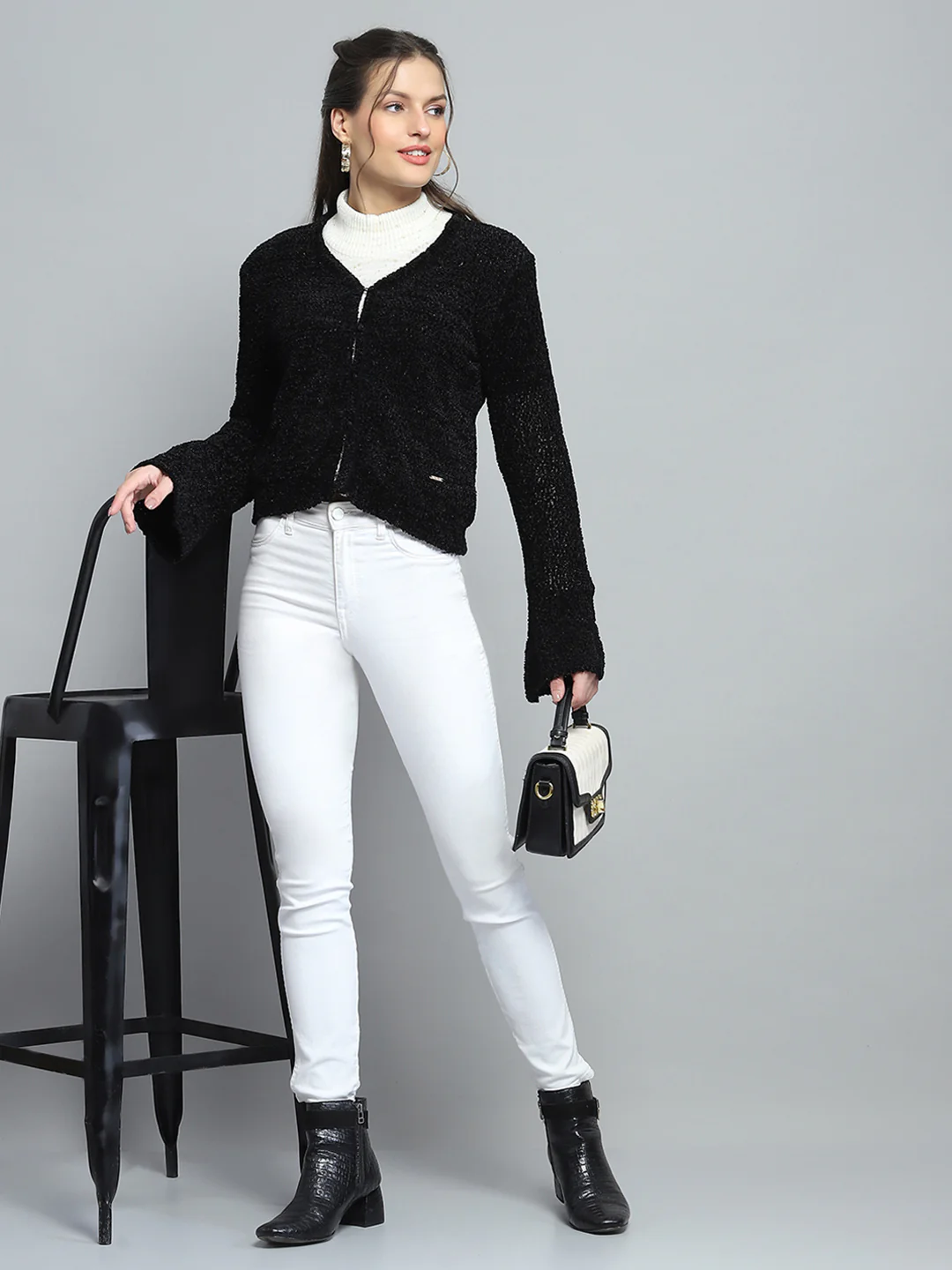 Women Black Self Design V Neck Full Sleeve Cardigan - Image 2