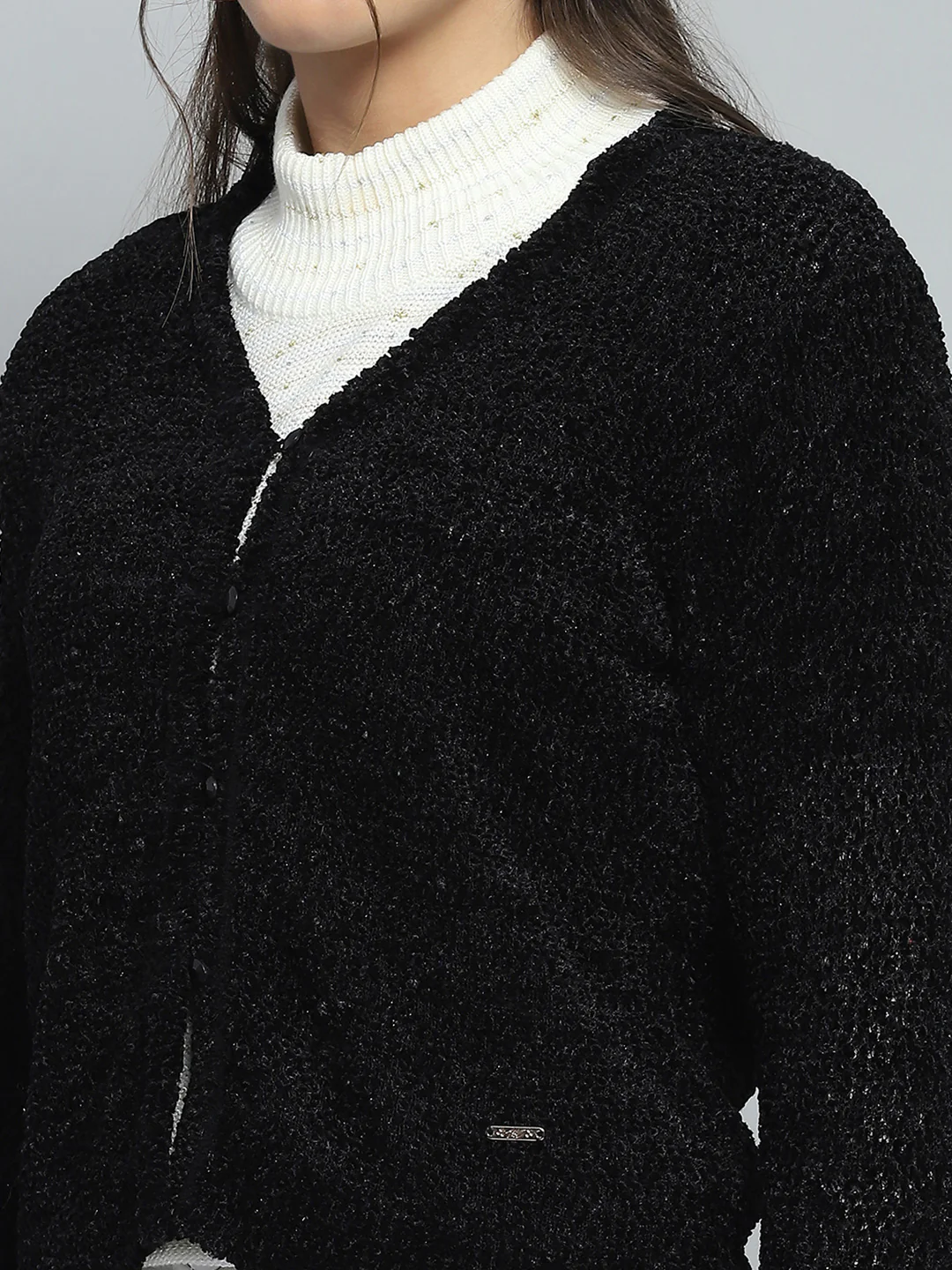 Women Black Self Design V Neck Full Sleeve Cardigan - Image 6