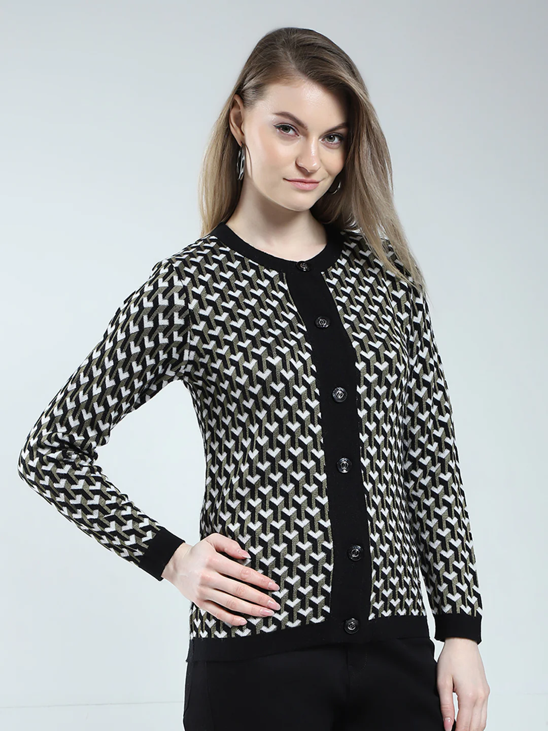 Women Black Self Design Round Neck Full Sleeve Cardigan - Image 4