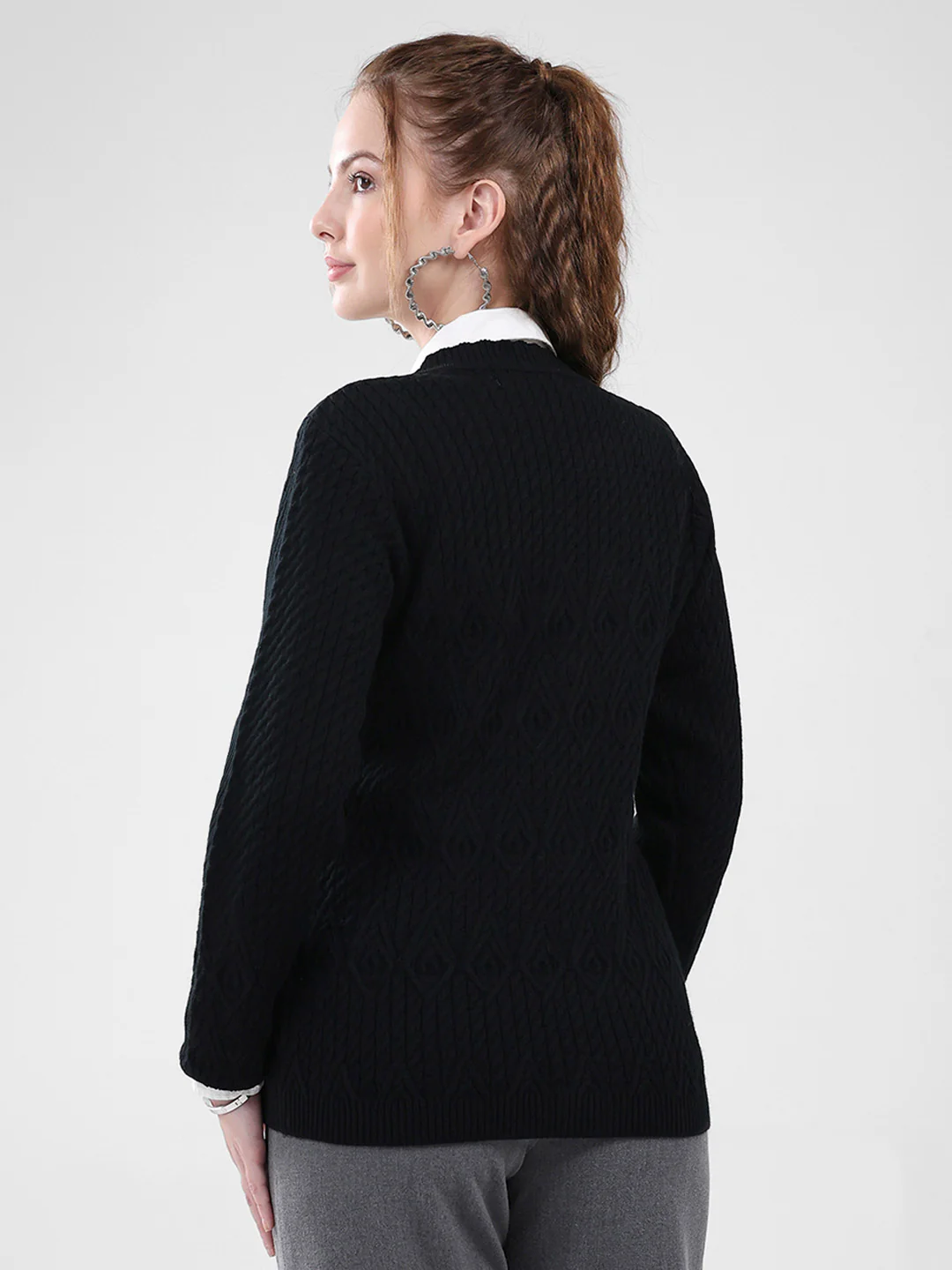 Women Black Self Design V Neck Full Sleeve Cardigan - Image 5