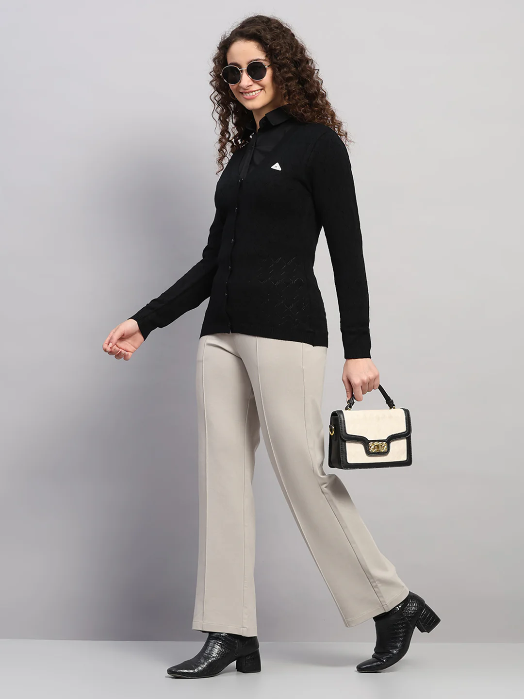 Women Black Self Design V Neck Full Sleeve Cardigan - Image 2
