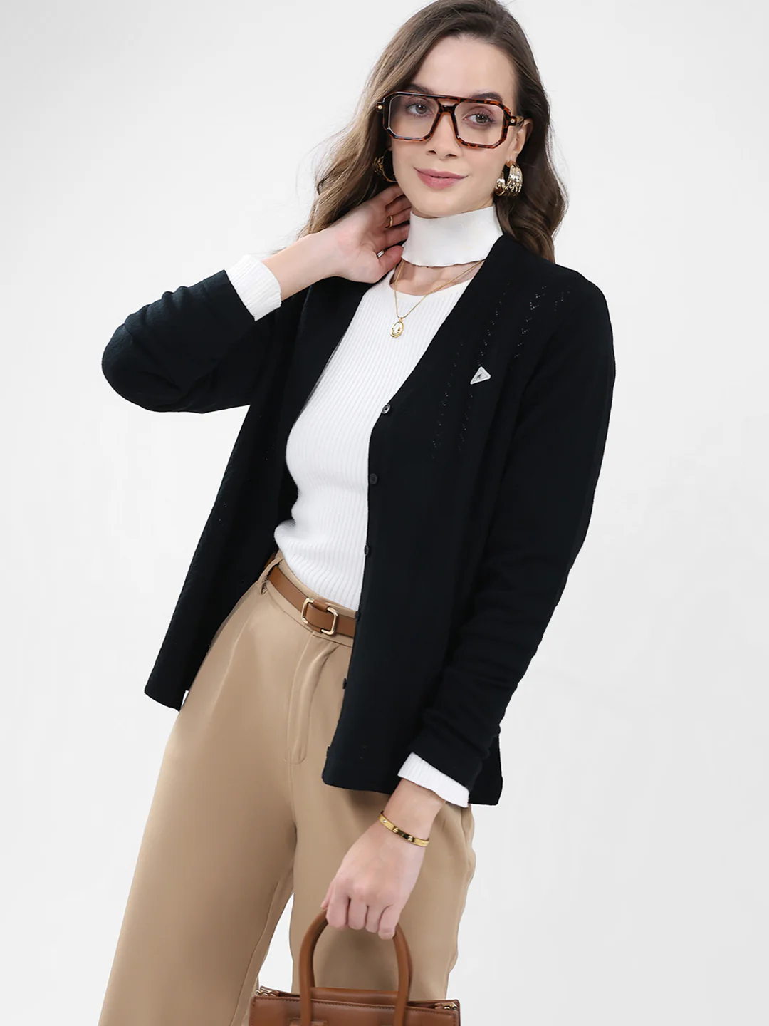 Women Black Self Design V Neck Full Sleeve Cardigan - Image 6