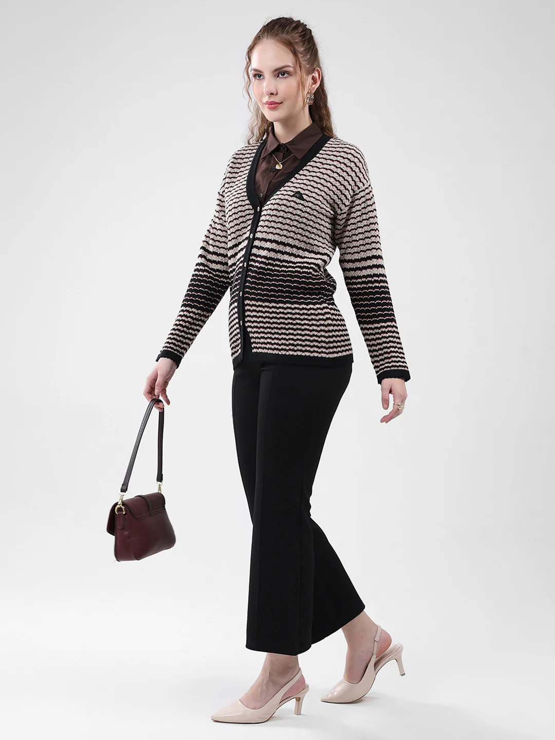 Women Black Self Design V Neck Full Sleeve Cardigan - Image 2