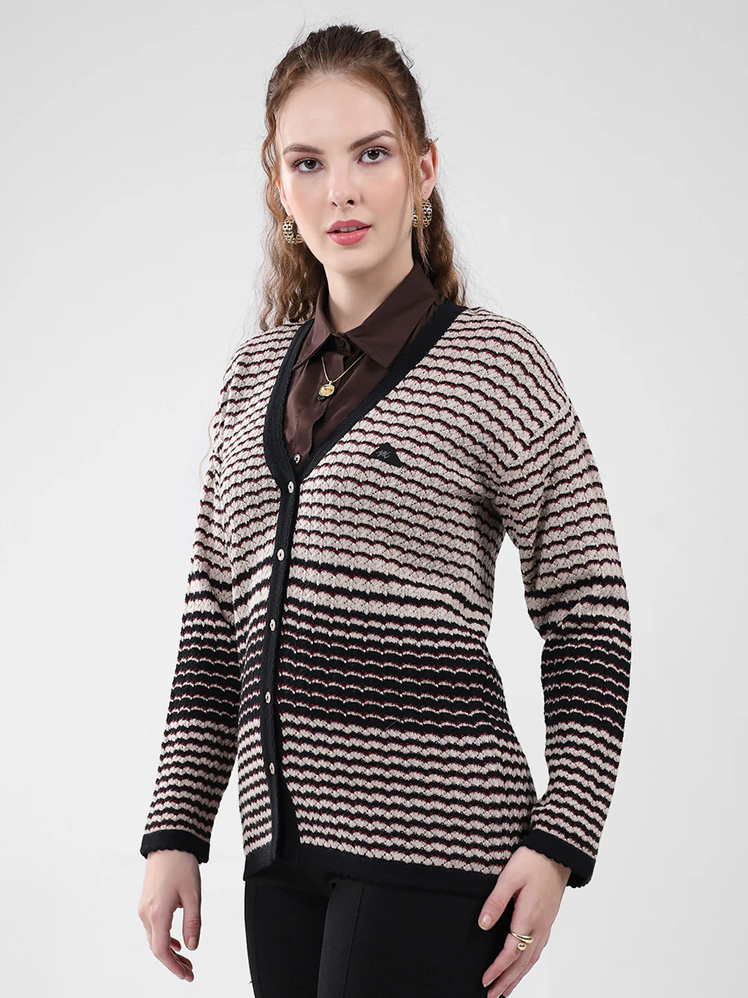 Women Black Self Design V Neck Full Sleeve Cardigan - Image 3