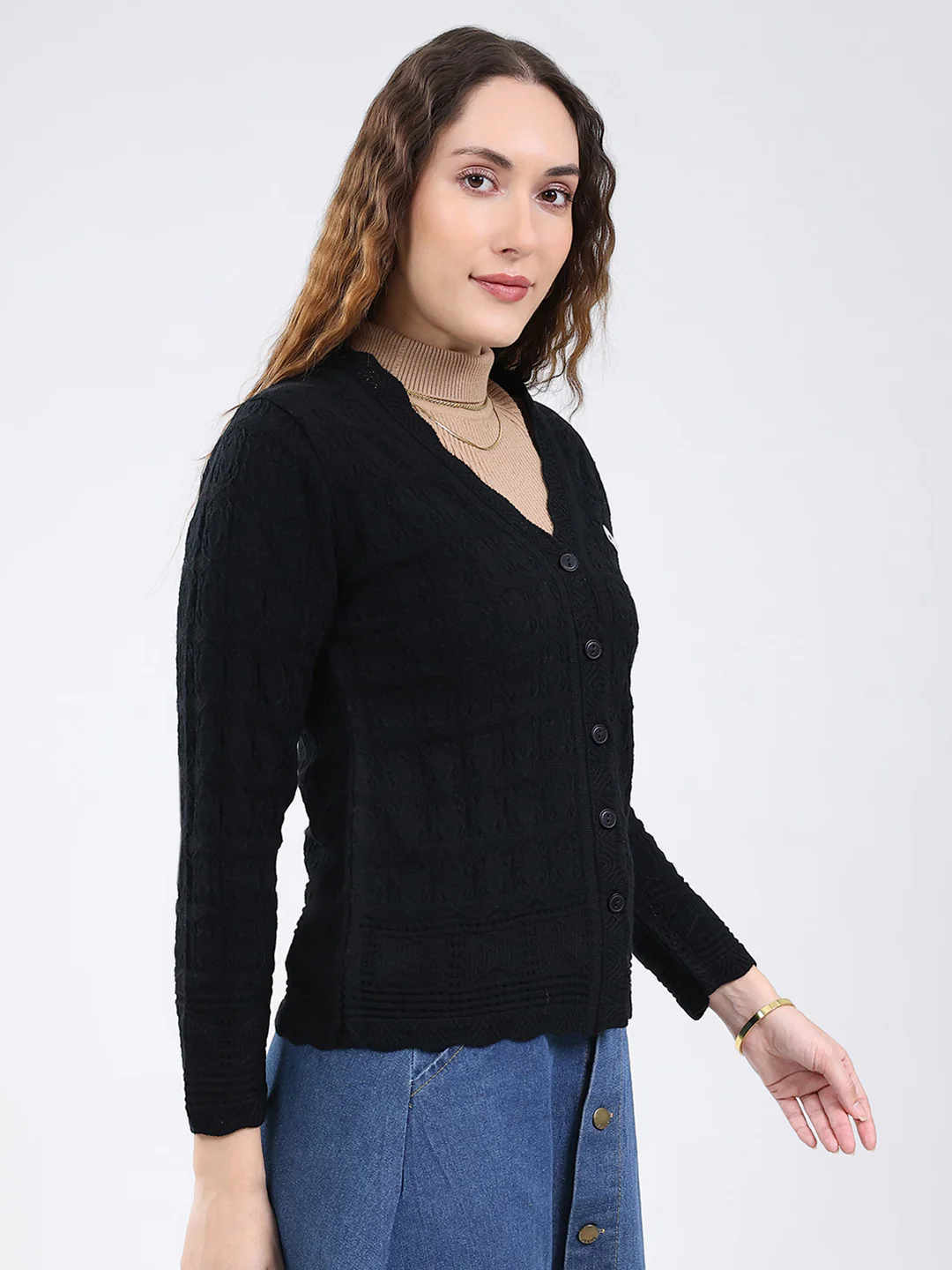 Women Black Self Design V Neck Full Sleeve Cardigan - Image 4