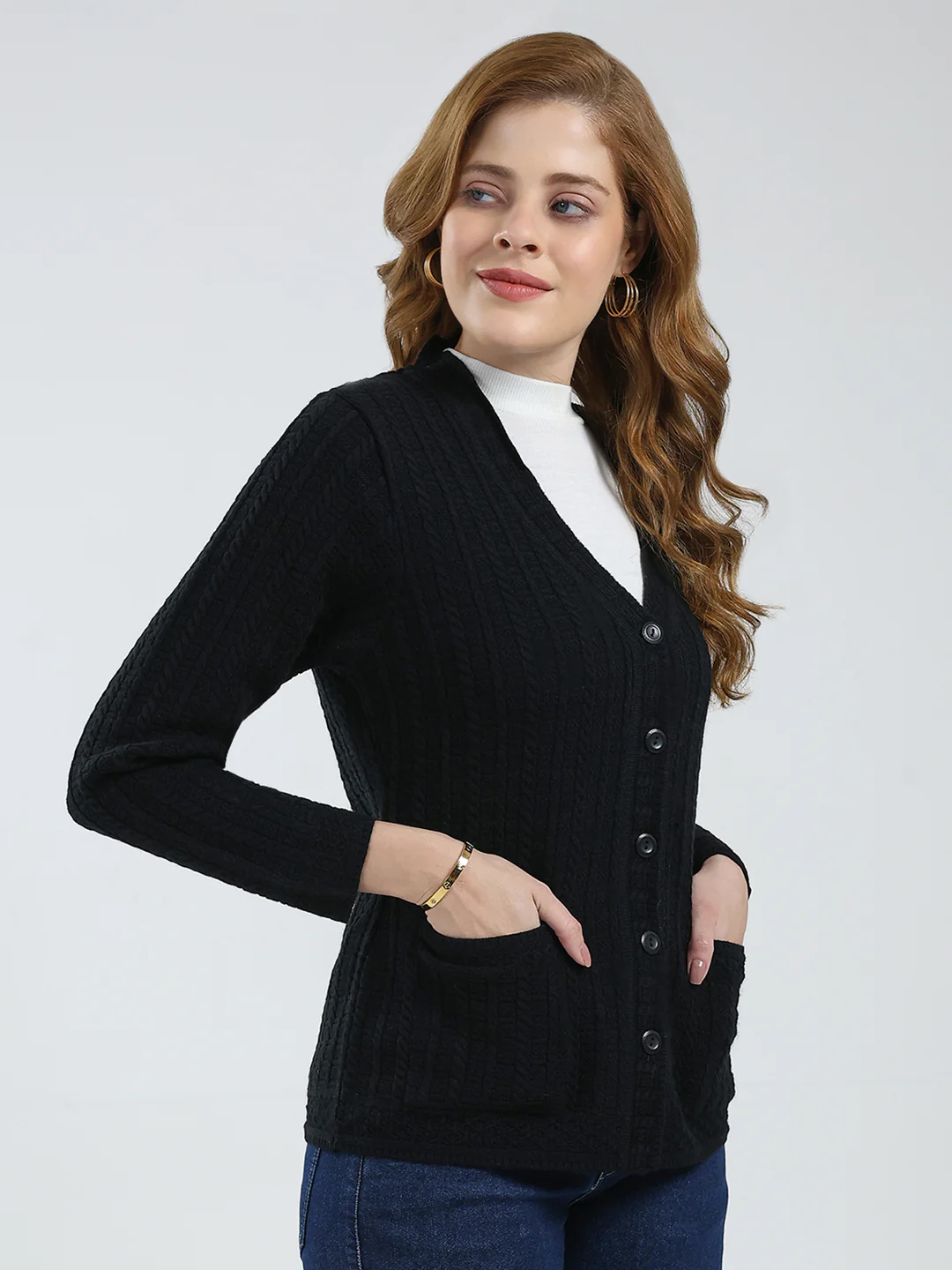 Women Black Self Design V Neck Full Sleeve Cardigan - Image 4