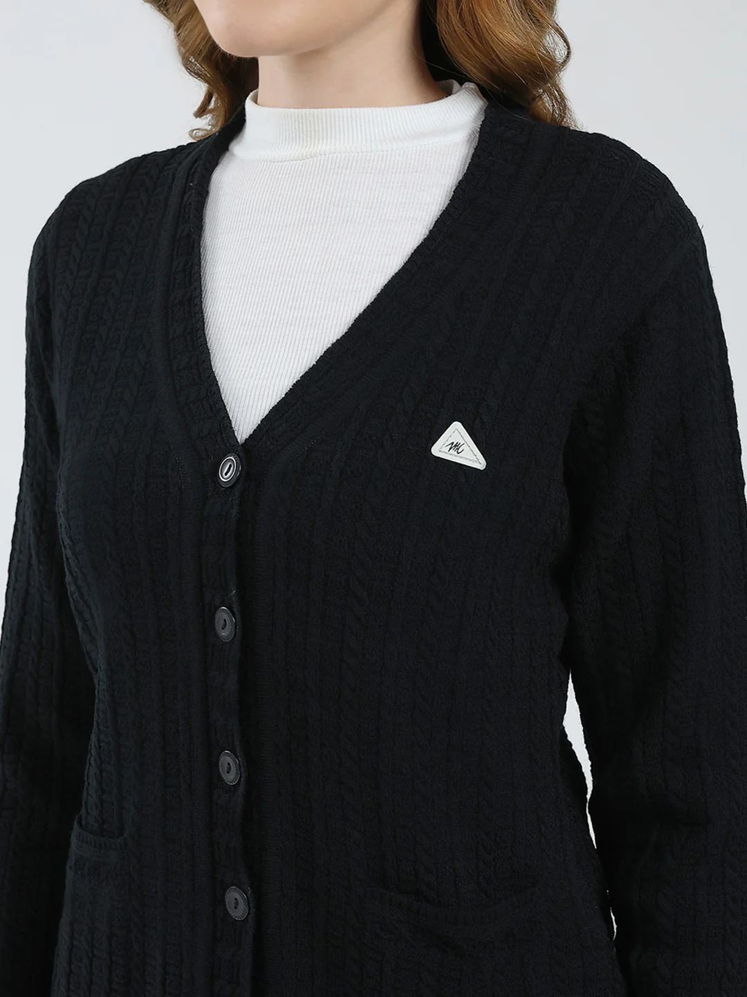 Women Black Self Design V Neck Full Sleeve Cardigan - Image 7