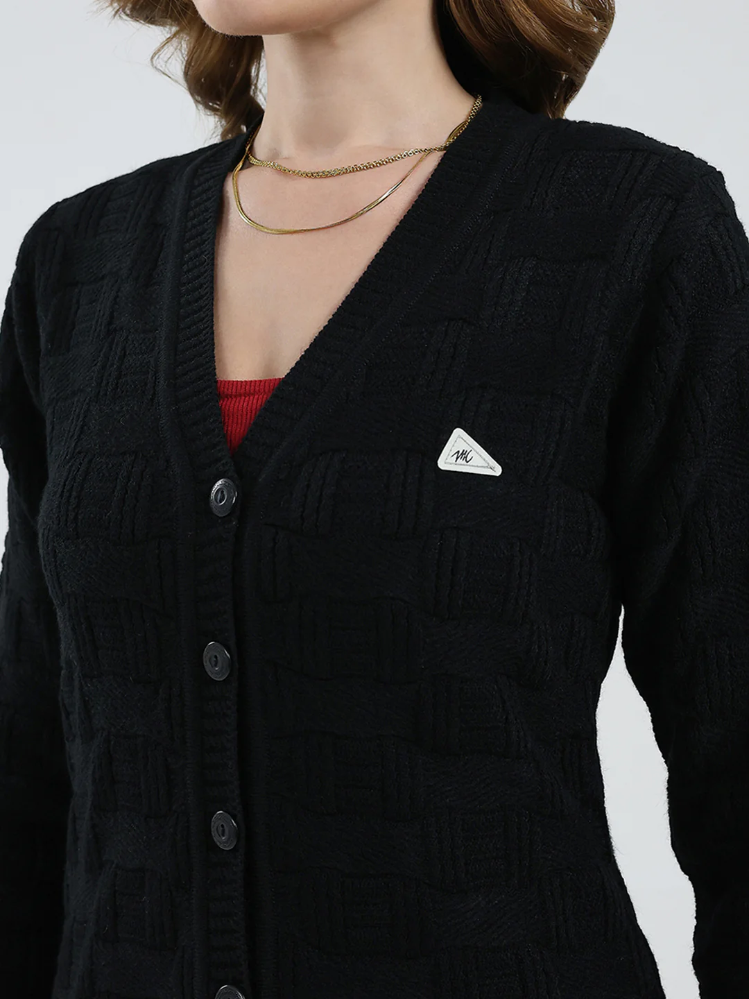 Women Black Self Design V Neck Full Sleeve Cardigan - Image 7