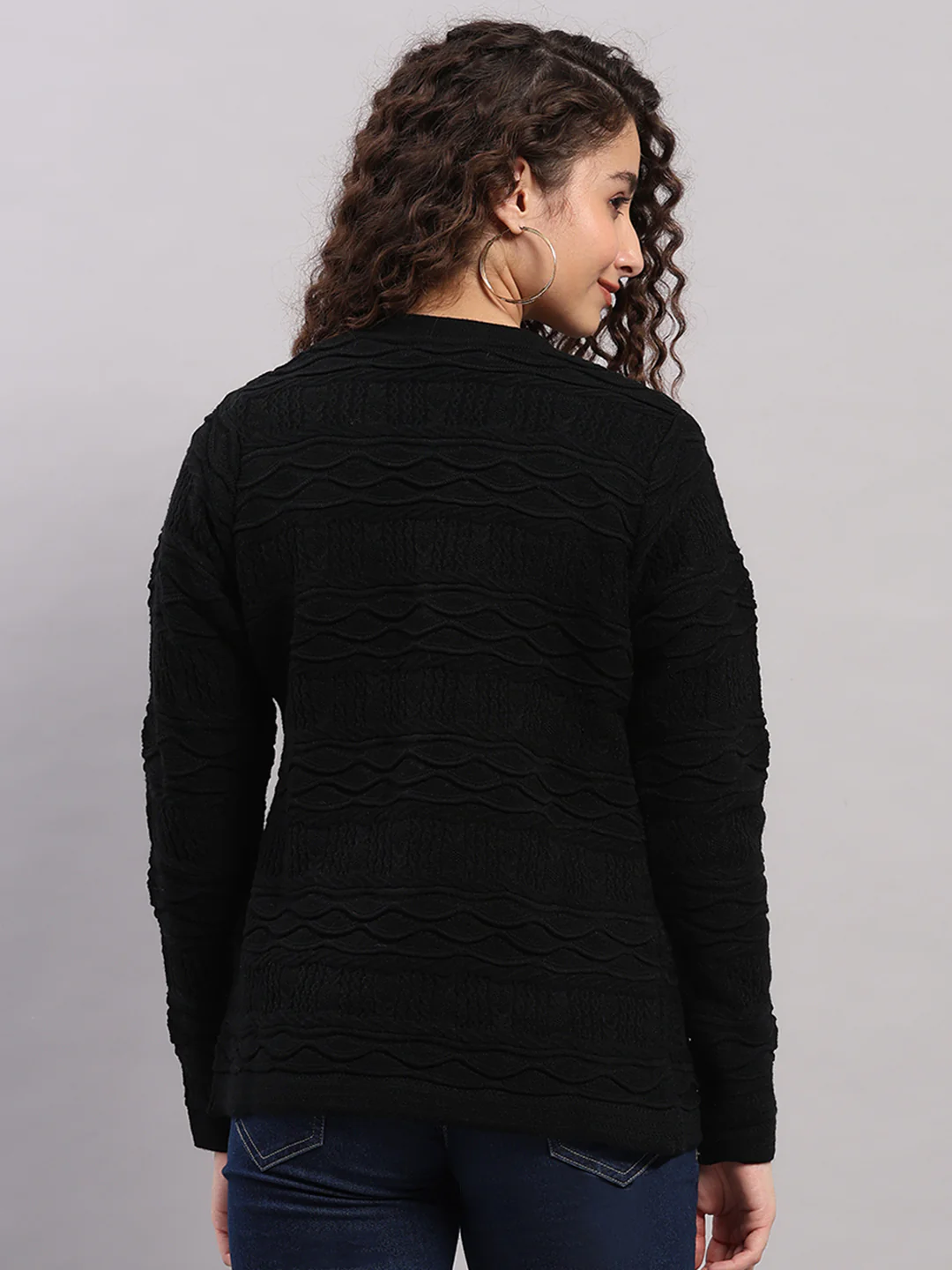 Women Black Self Design V Neck Full Sleeve Cardigan - Image 5