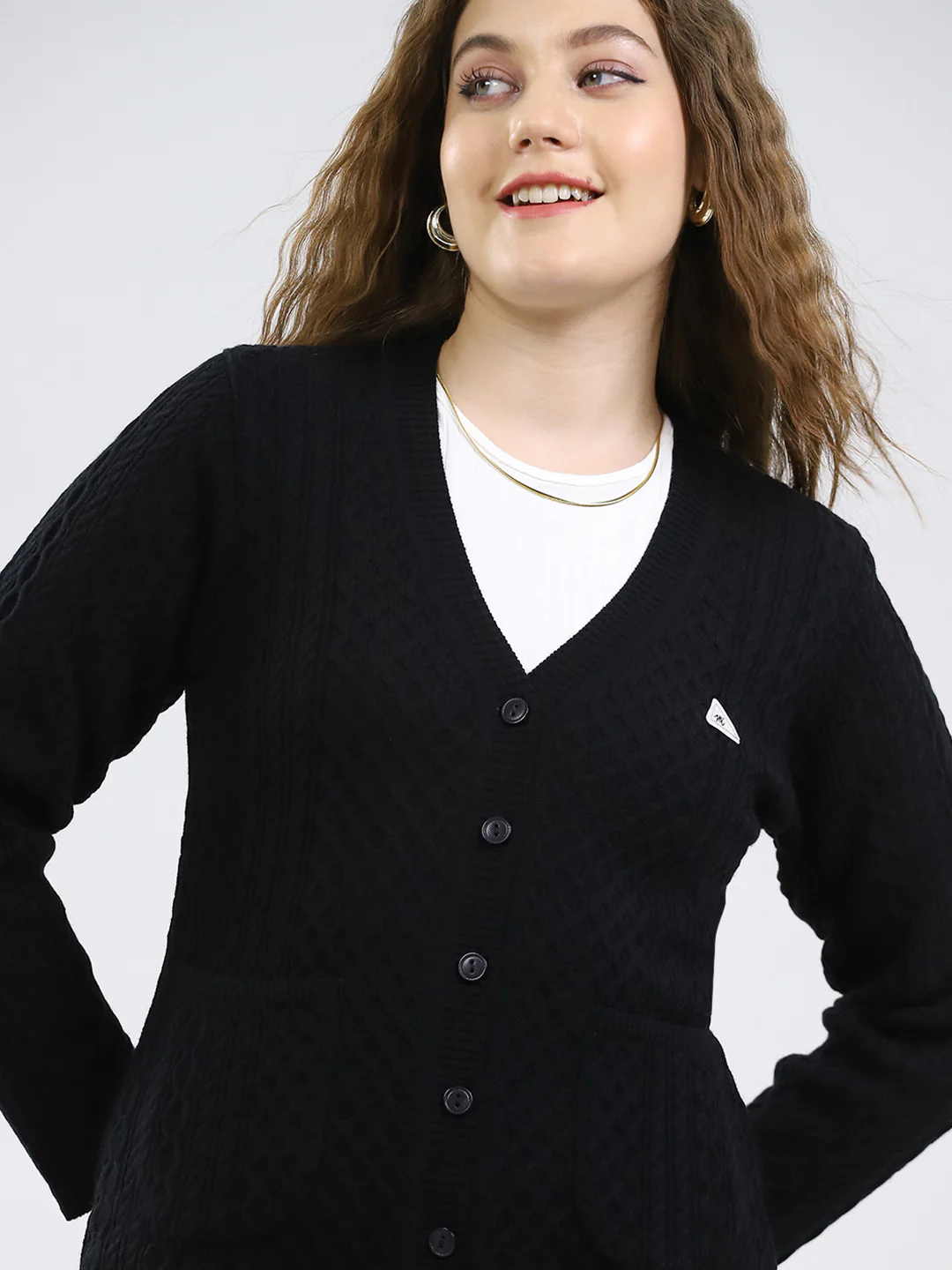 Women Black Self Design V Neck Full Sleeve Cardigan - Image 6