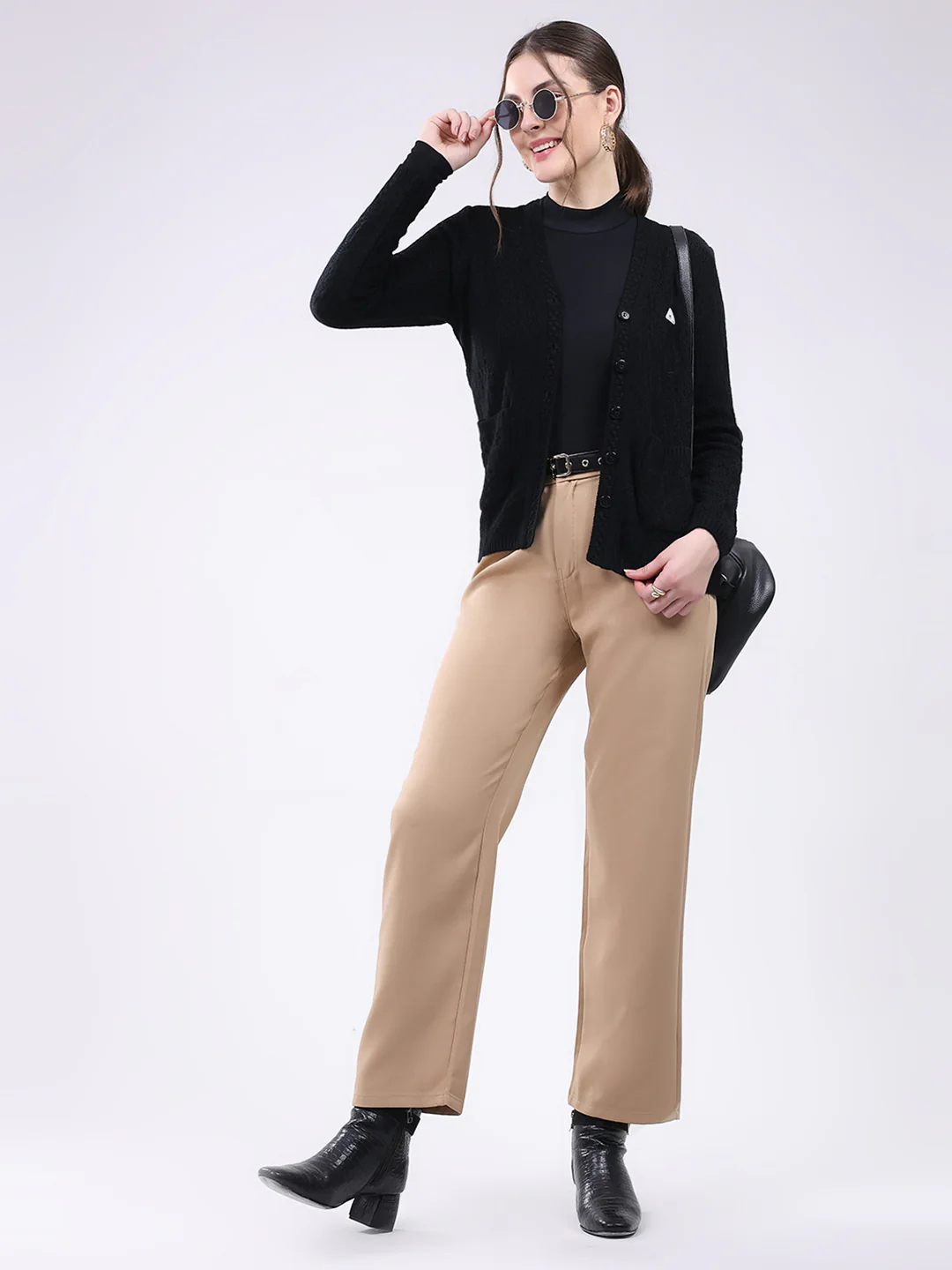 Women Black Self Design V Neck Full Sleeve Cardigan - Image 2