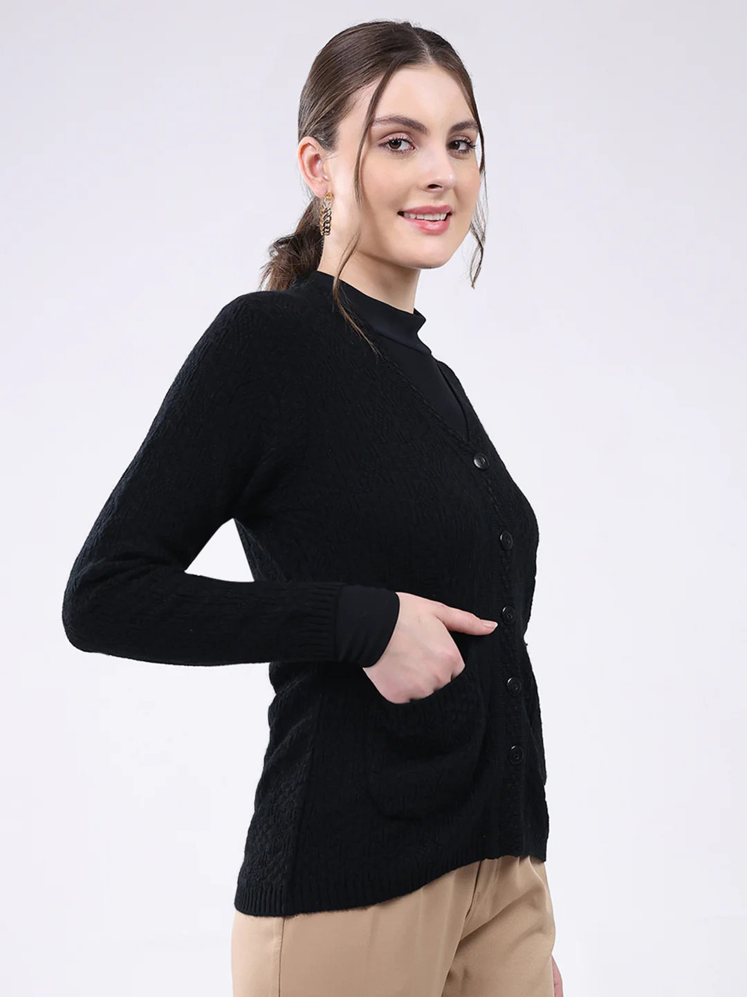 Women Black Self Design V Neck Full Sleeve Cardigan - Image 4