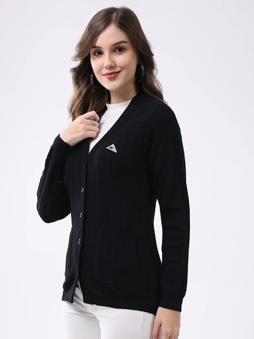 Women Black Self Design V Neck Full Sleeve Cardigan - Image 3
