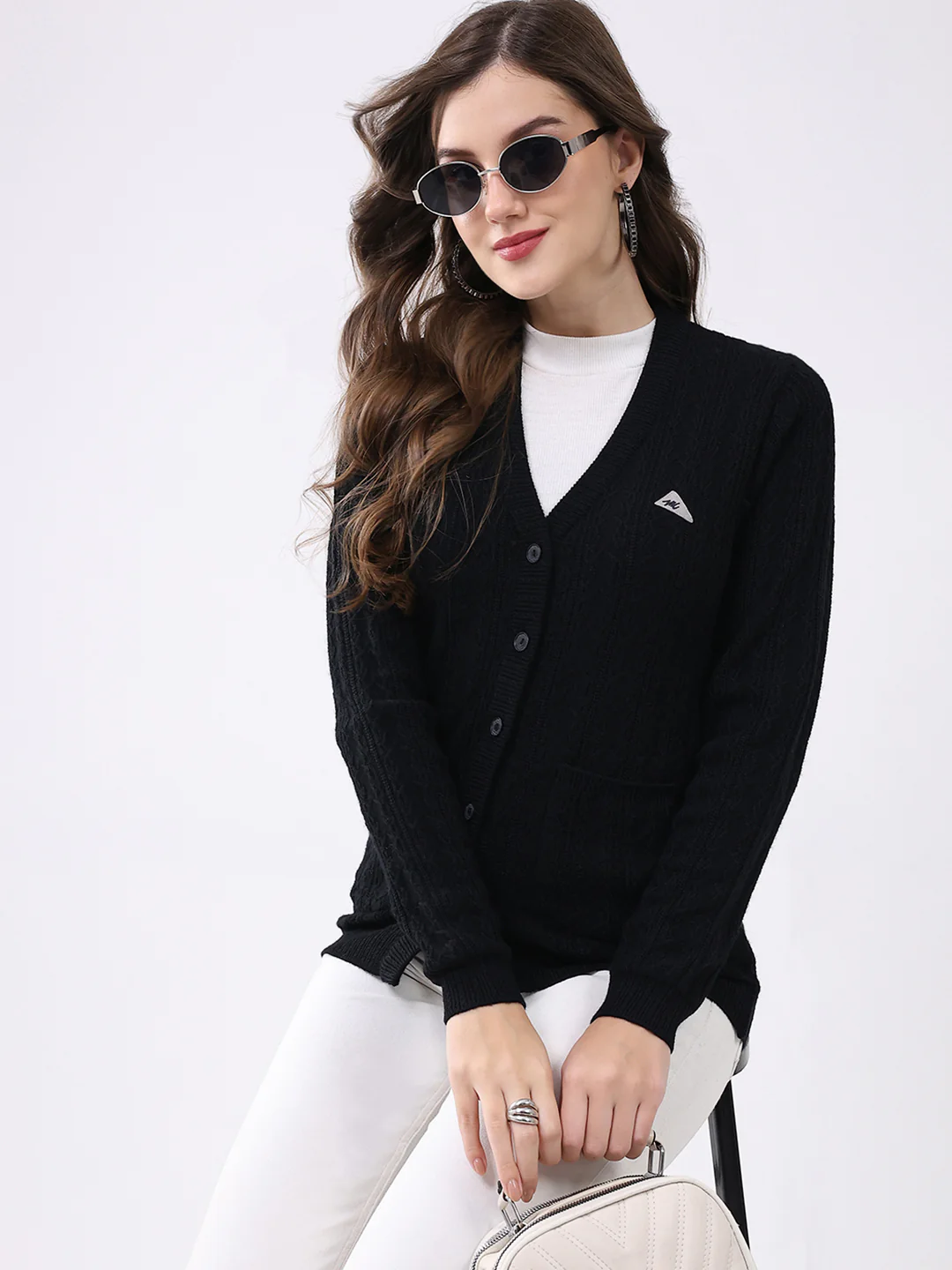 Women Black Self Design V Neck Full Sleeve Cardigan - Image 6
