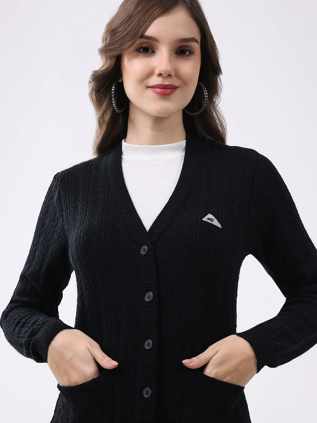Women Black Self Design V Neck Full Sleeve Cardigan - Image 7
