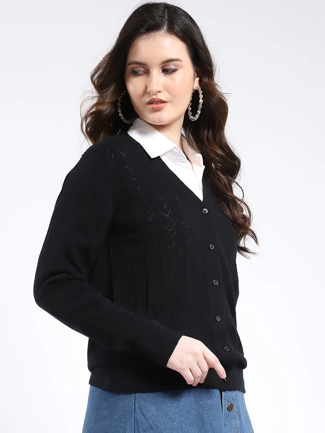 Women Black Self Design V Neck Full Sleeve Cardigan - Image 4