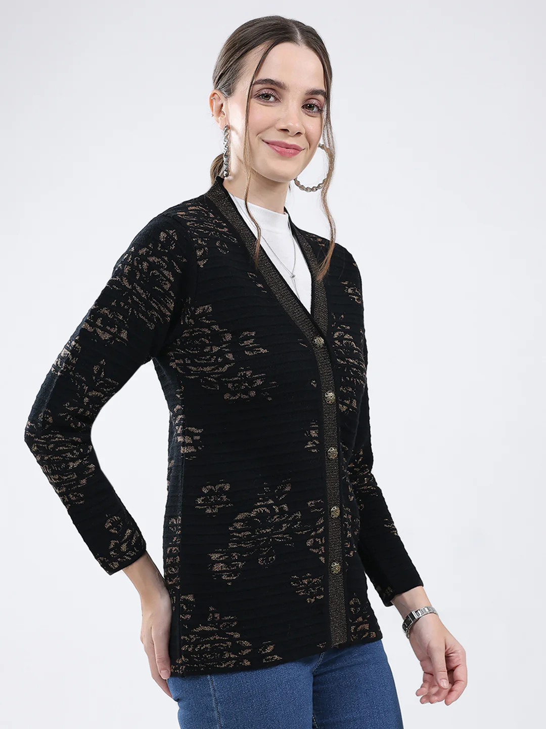 Women Black Self Design V Neck Full Sleeve Cardigan - Image 4