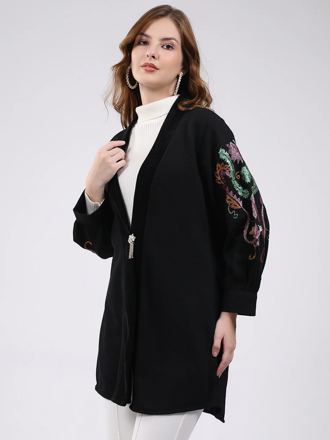 Women Black Self Design V Neck Full Sleeve Cardigan - Image 3