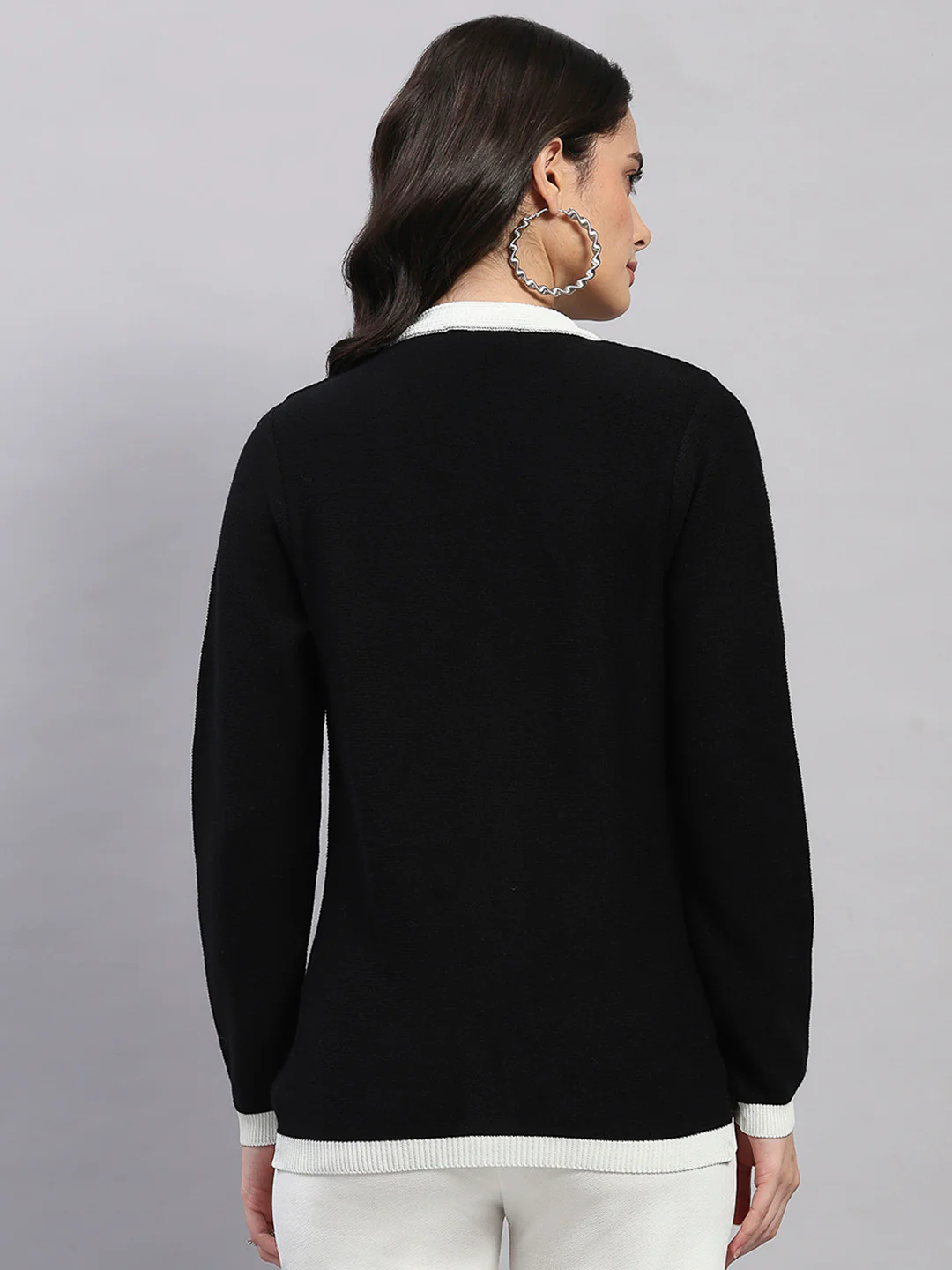 Women Black Self Design V Neck Full Sleeve Cardigan - Image 5