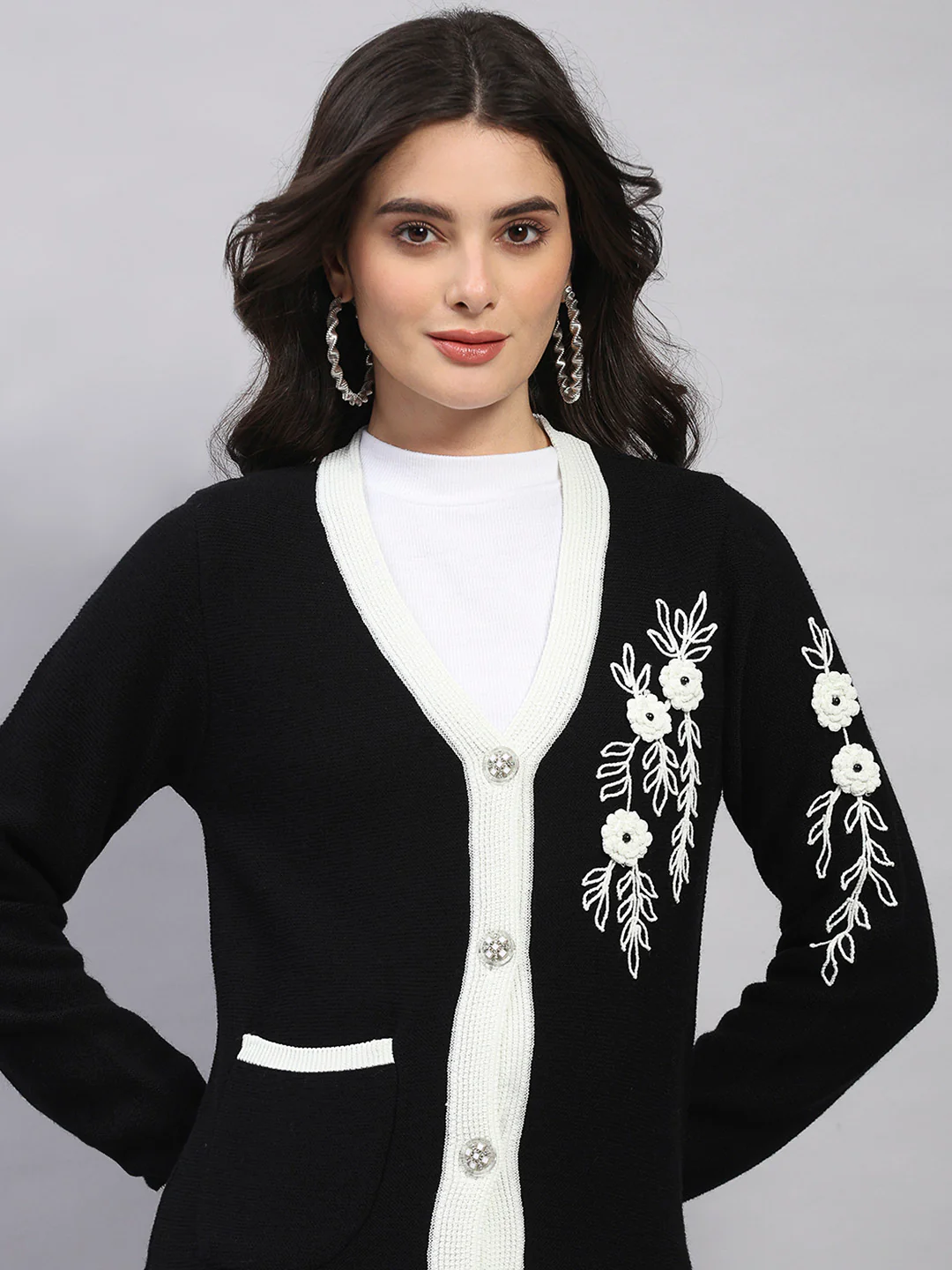 Women Black Self Design V Neck Full Sleeve Cardigan - Image 7