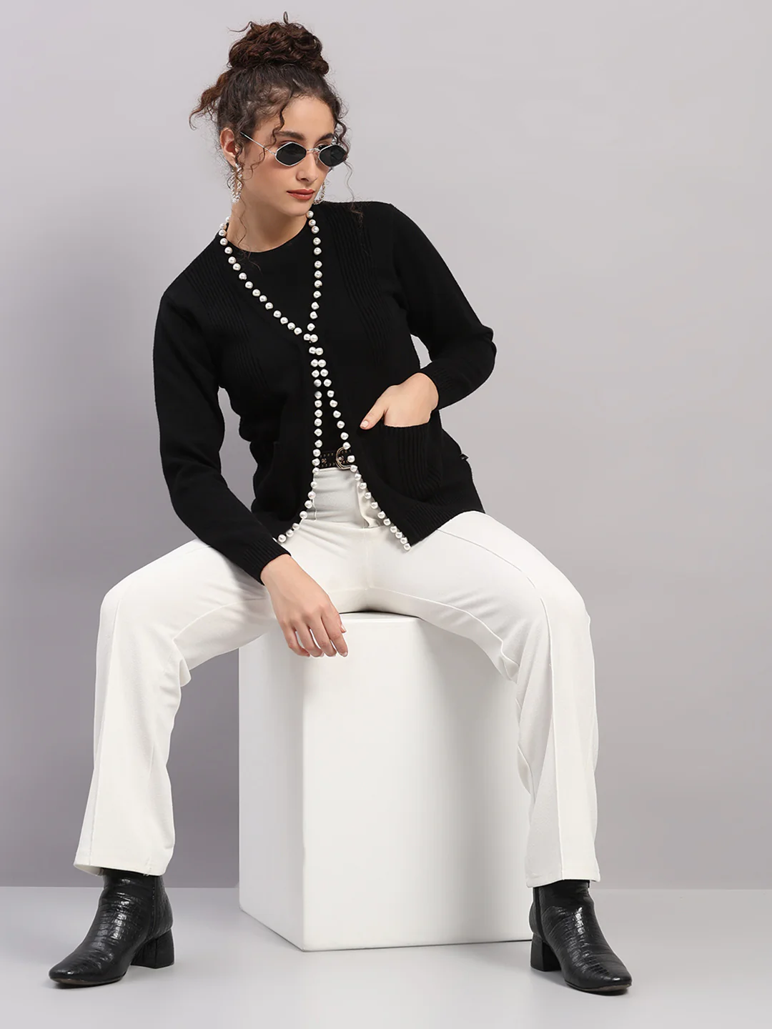 Women Black Self Design V Neck Full Sleeve Cardigan - Image 2