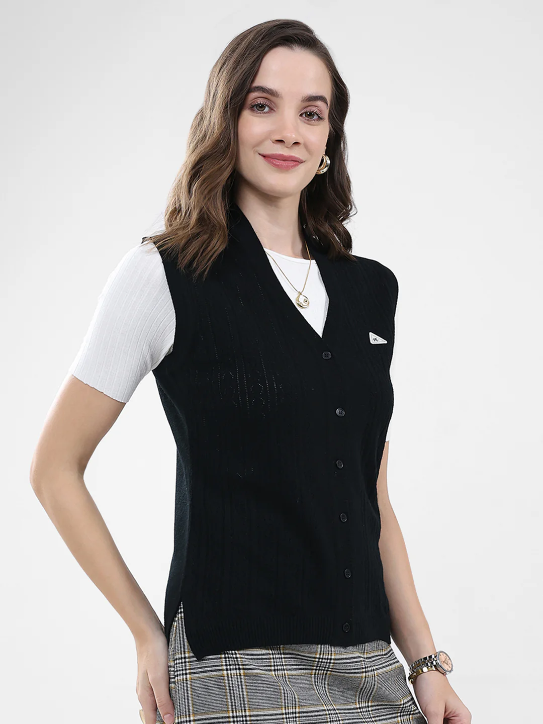 Women Black Self Design V Neck Sleeveless Cardigan - Image 4