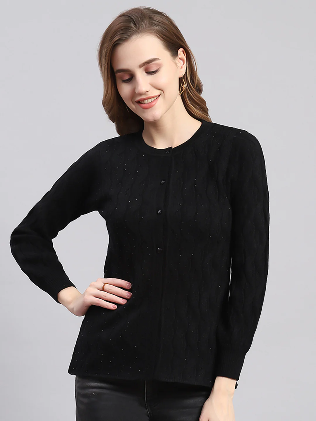 Women Black Self Design Round Neck Full Sleeve Cardigans - Image 2
