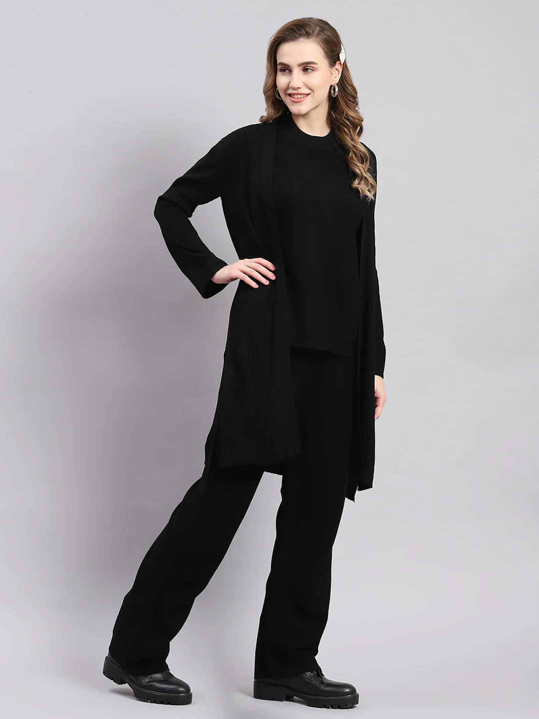 Women Black Self Design Round Neck Full Sleeve Cords Set - Image 5