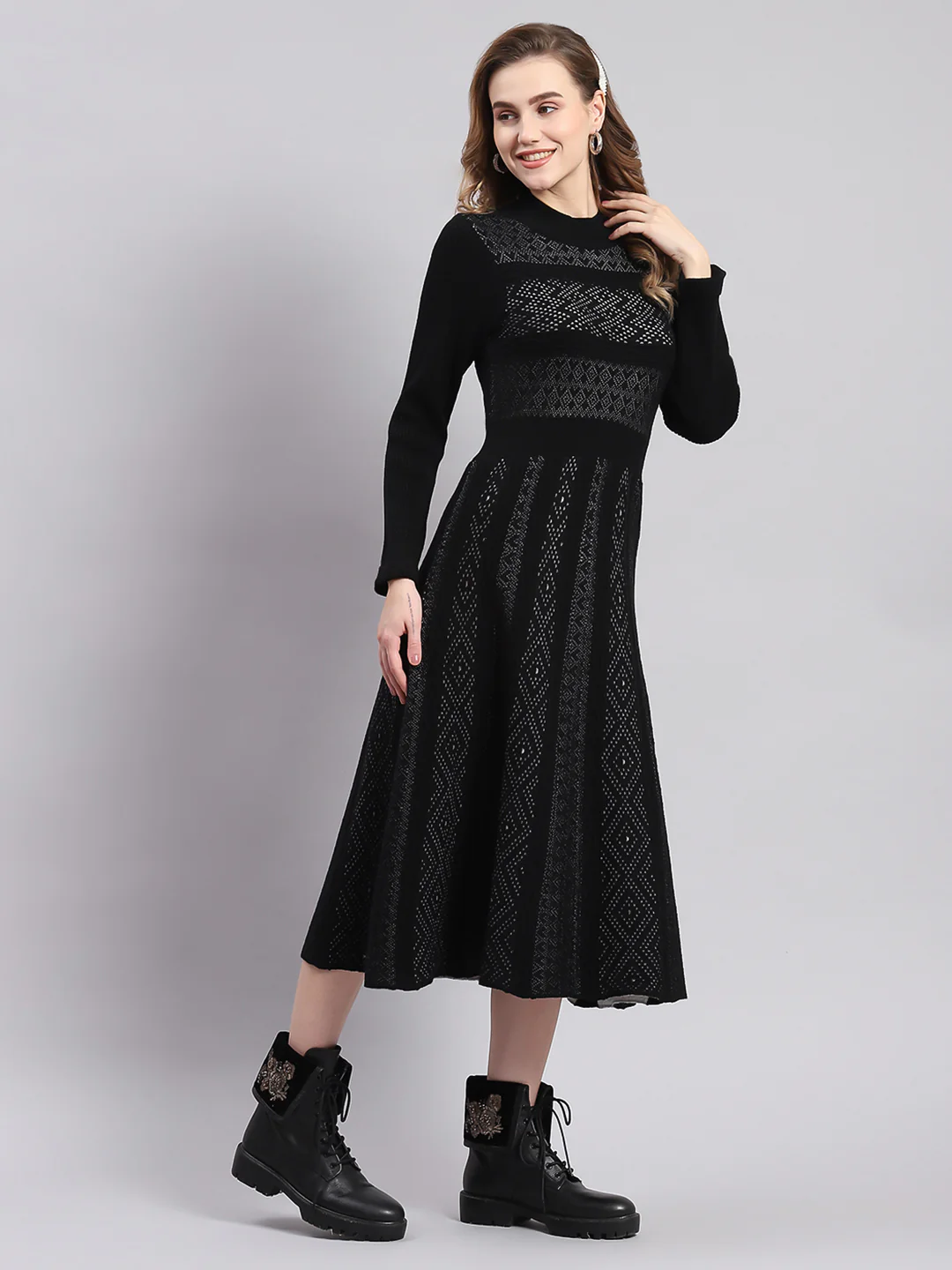 Women Black Self Design T Neck Full Sleeve Dresses - Image 4