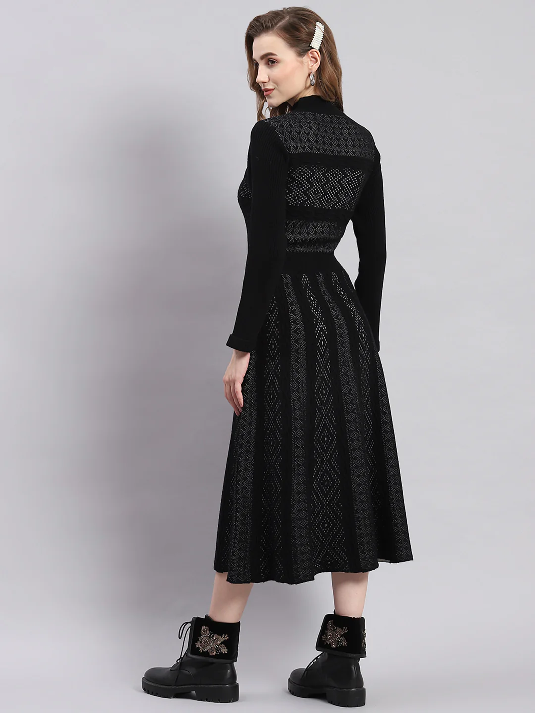 Women Black Self Design T Neck Full Sleeve Dresses - Image 5