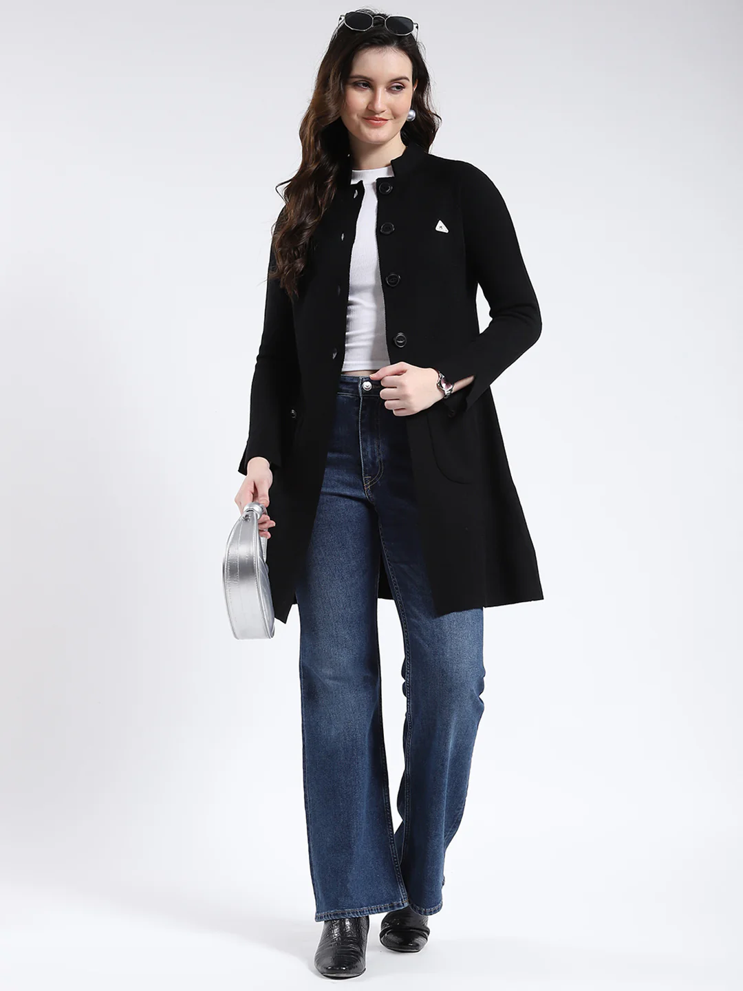 Women Black Solid Band Neck Full Sleeve Cardigan - Image 2