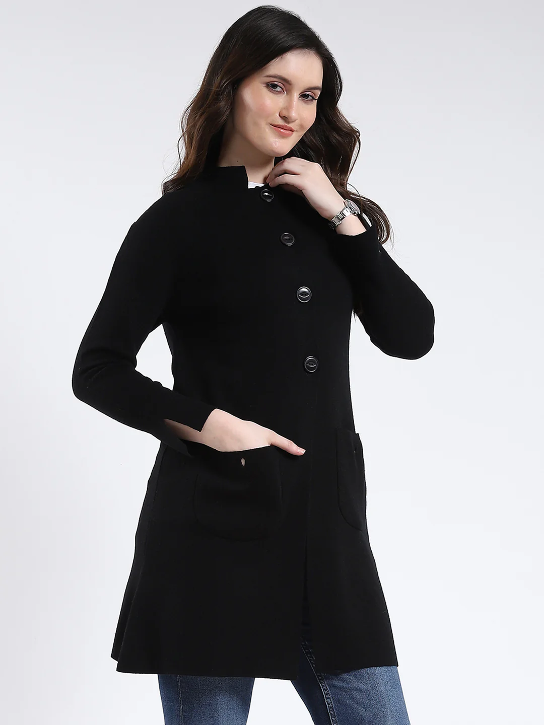 Women Black Solid Band Neck Full Sleeve Cardigan - Image 4